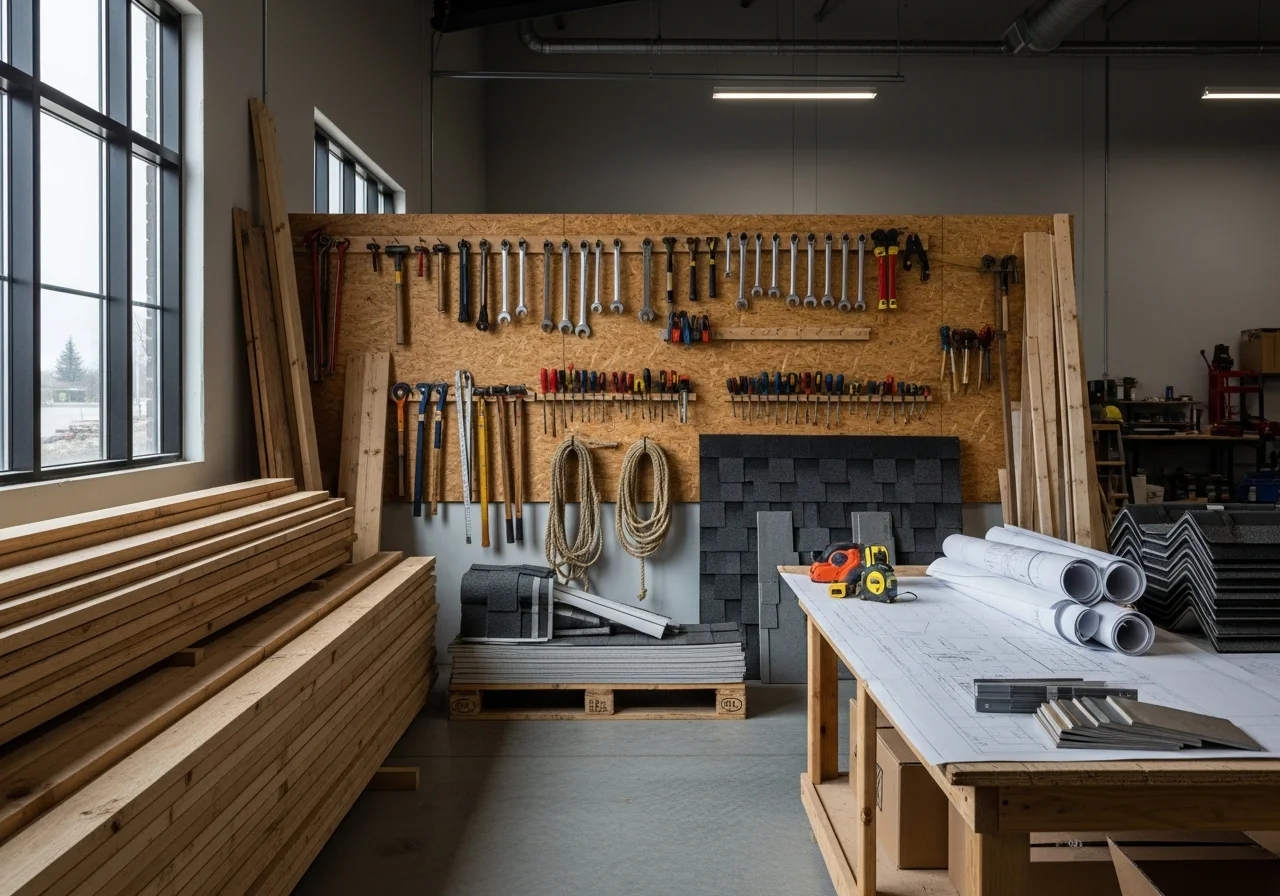 Construction site or shop floor showing tools, materials, and workspace ready for residential building projects.