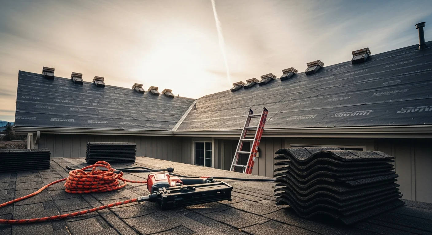 Roofing contractor installing new roof on residential home