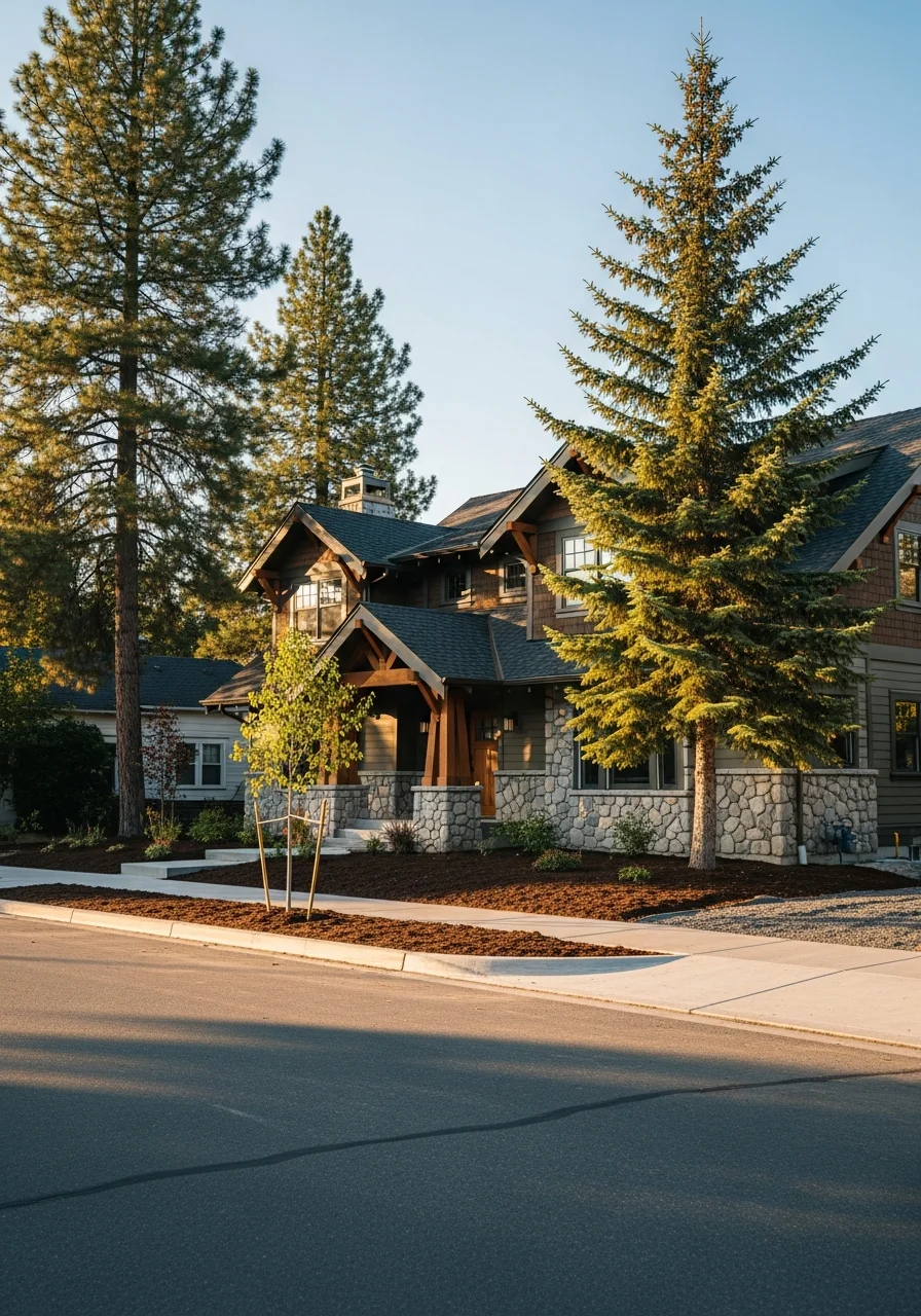 Residential property in Coeur d'Alene with mountain views, natural landscaping, and typical Idaho mountain architecture.