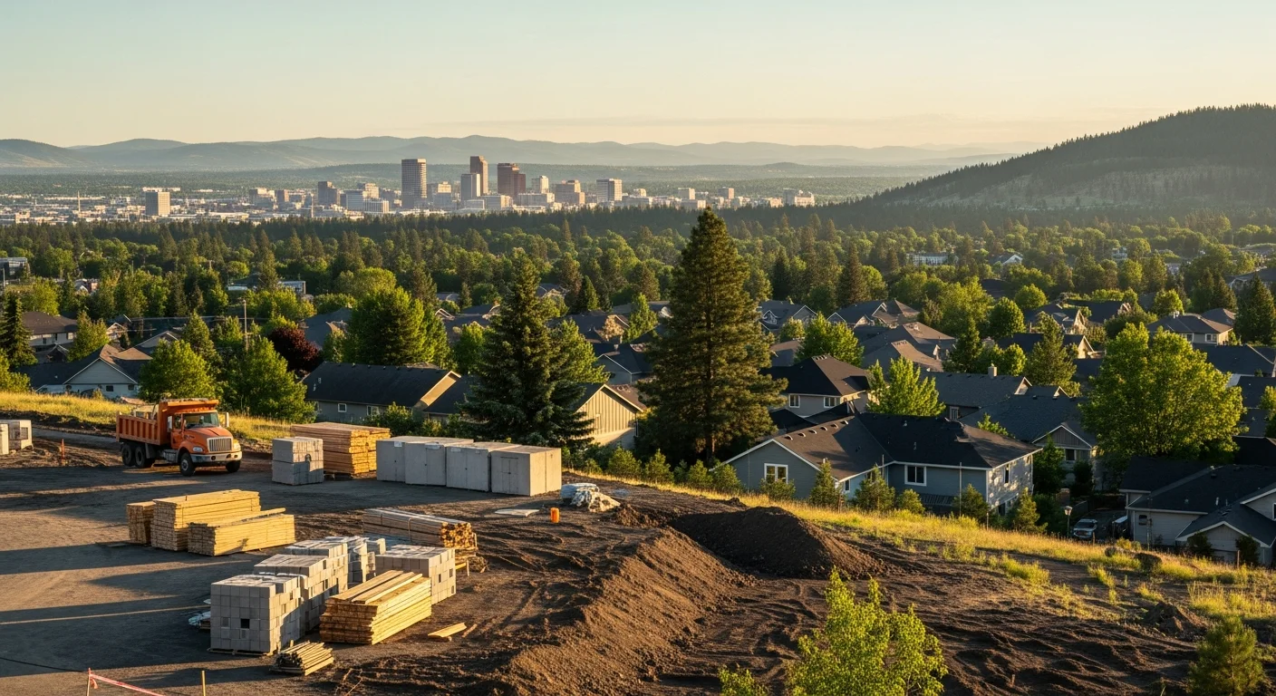 Wide view of Spokane County landscape showing downtown Spokane skyline in the distance with suburban neighborhoods and forested areas in the foreground.
