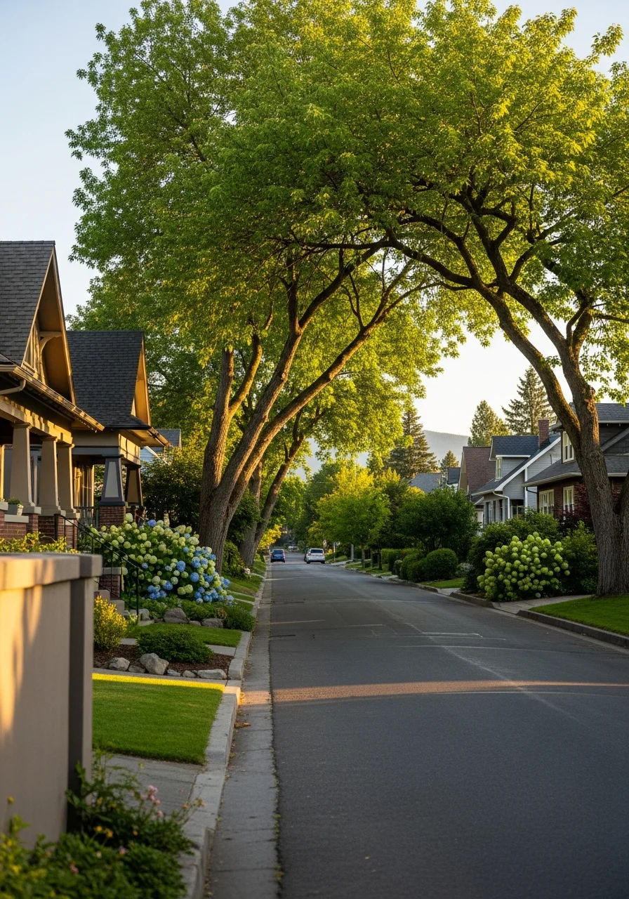 Residential street in a Spokane neighborhood with mature trees, well-maintained homes, and a clear blue sky.