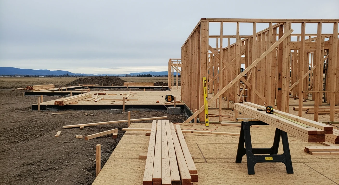 A newly framed custom home on a residential lot in Spokane County, Washington, with exposed structural framing visible against a clear eastern Washington sky. Edward Thomas Construction general contracting work in progress on a single-family custom build.