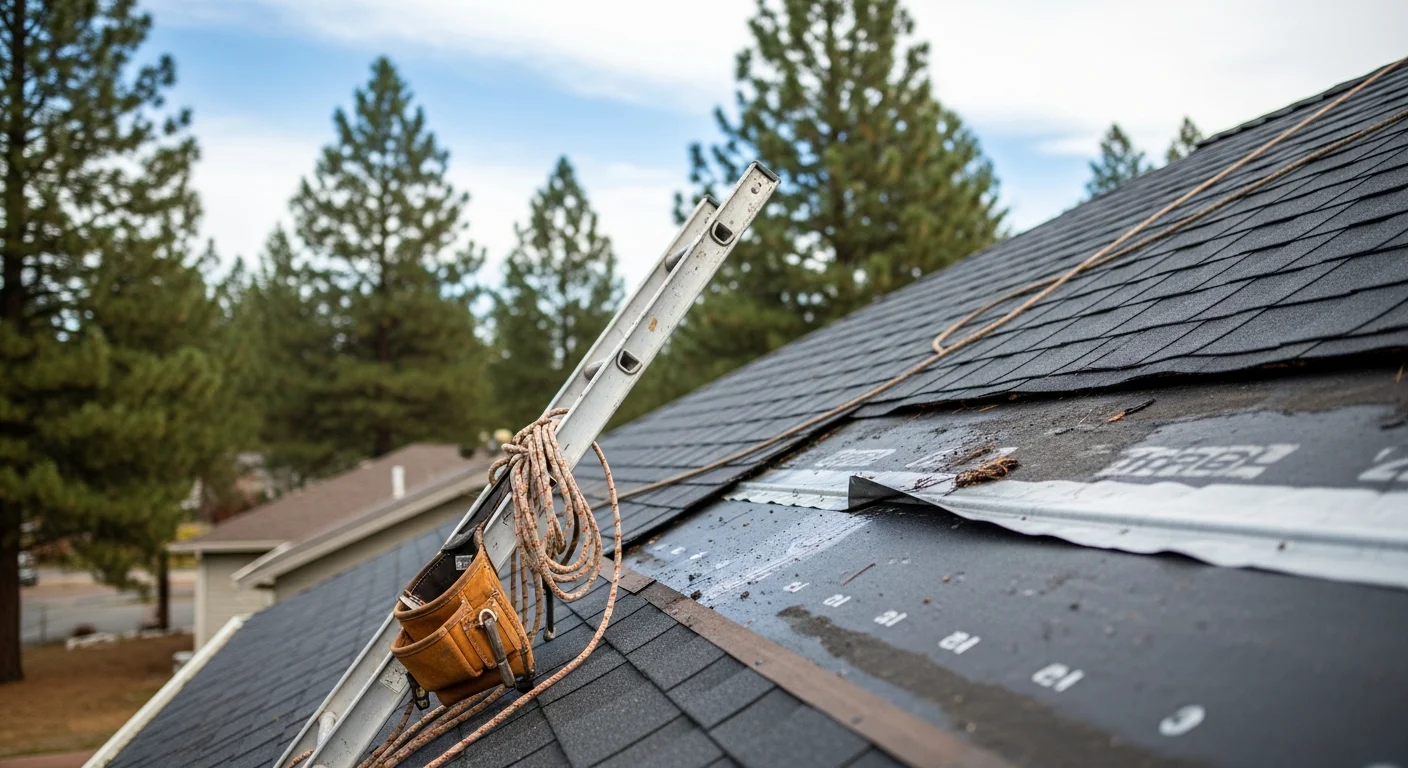 A Spokane County residential roof with storm-damaged shingles being repaired by a roofing contractor. Torn and lifted shingles are visible along the ridge line following a high-wind event.