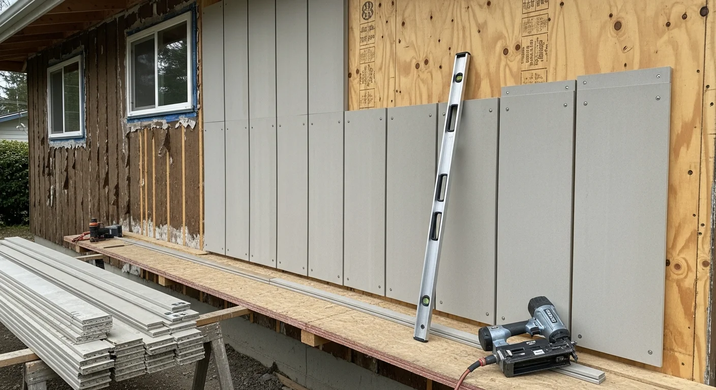 A Spokane County residential home with newly installed exterior cladding covering the full front and side walls, showing clean trim lines and a finished soffit edge. The surrounding landscape reflects the dry, open terrain typical of Eastern Washington.