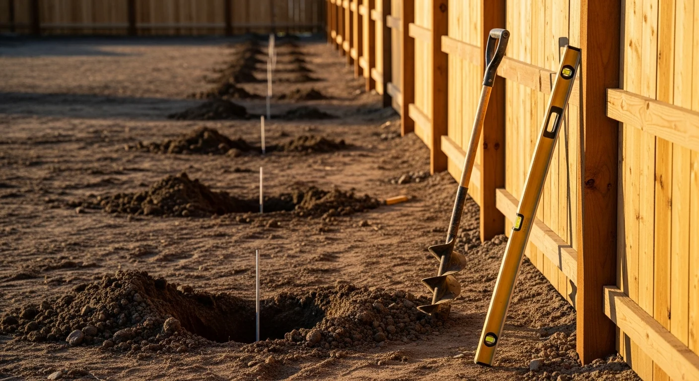 A newly installed wood privacy fence running along the backyard of a residential property in Spokane County, WA, with concrete-set posts and a single gate. The surrounding landscape shows the open, flat terrain typical of Spokane County lots.
