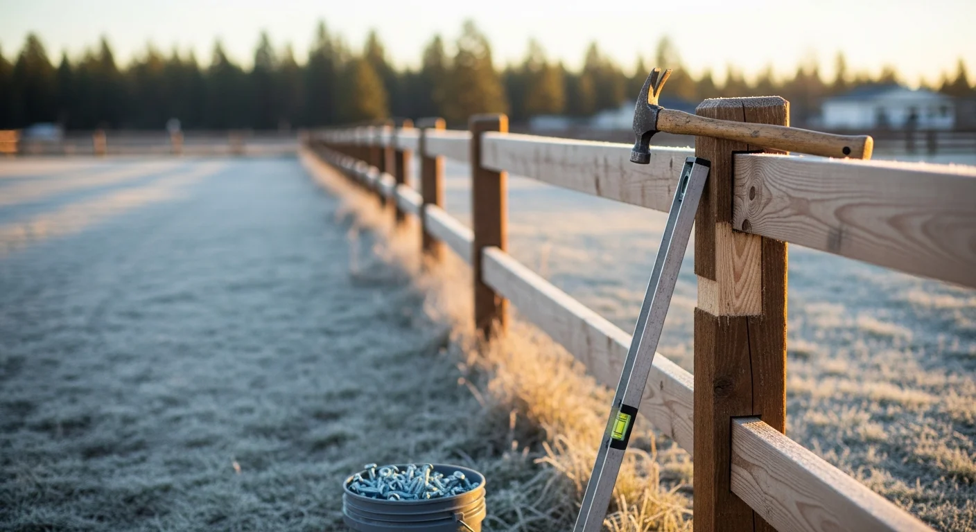 A repaired wooden fence with newly set posts and replaced boards along a residential property line in Spokane County, Washington. The repaired section shows flush, level boards and a plumb post next to older fence panels on a single-family home yard.