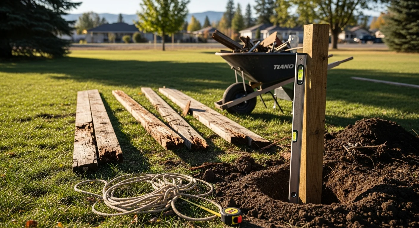 A newly installed residential fence with straight posts and clean panels along a property line in Spokane County, Washington. The old fence has been fully removed and the yard is clear, showing completed fence replacement work by Edward Thomas Construction.