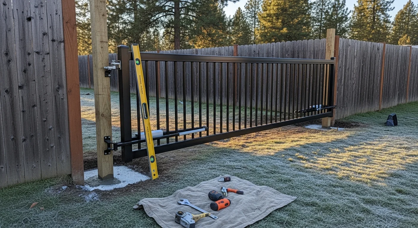 A newly installed wooden driveway gate set between two solid posts on a residential property in Spokane County, Washington. The gate is hung level with a latch secured at the center, and a wood privacy fence extends to each side.