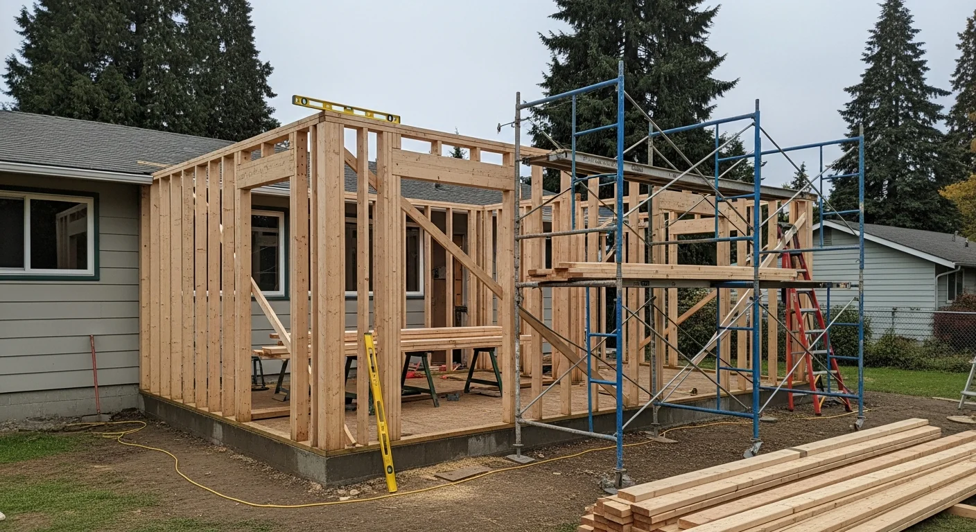 A newly completed single-story room addition attached to a ranch-style home in Spokane County, with matching siding and a continuous roofline. The addition extends the rear of the house and includes two new windows facing the backyard.