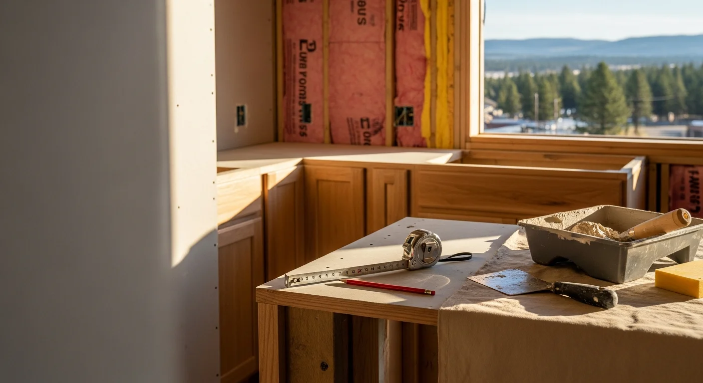 A remodeled interior of a single-family home in Spokane County showing an updated open-plan kitchen and living area with new flooring and fresh wall finishes. The space reflects a mid-century home layout modernized by a local general contractor.