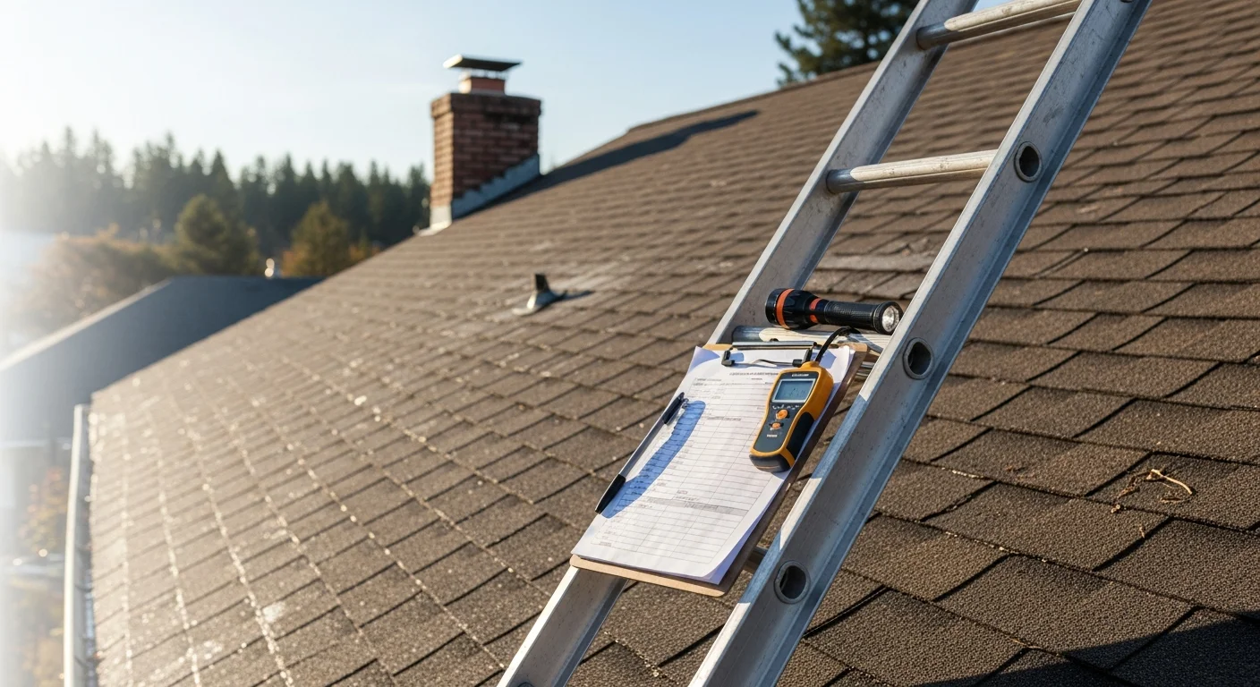 A roofing contractor inspecting shingles and flashing on a residential home in Spokane County, Washington. The image shows a close-up view of the roof surface with visible inspection work being performed on a clear day.