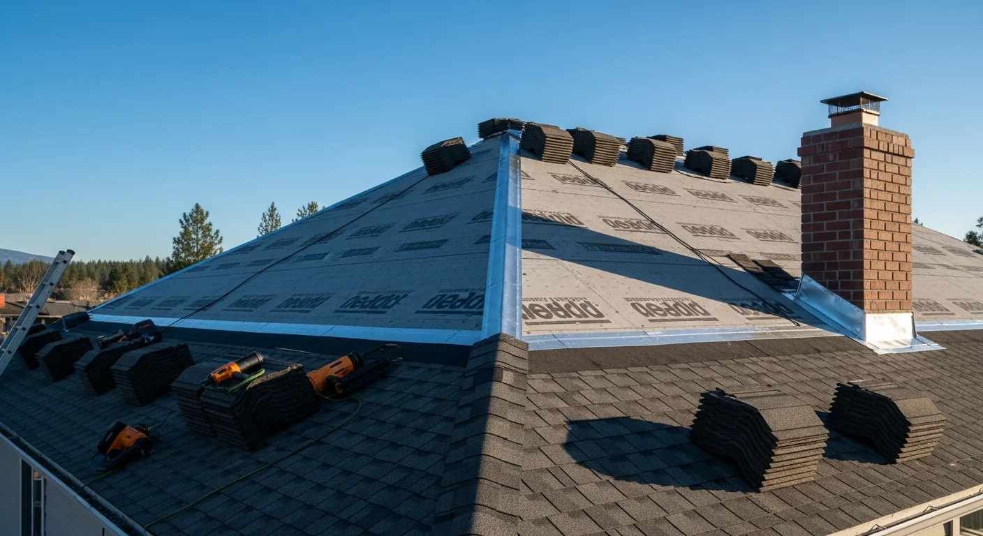 A completed residential roof installation on a single-family home in Spokane County, Washington, showing new roofing surface, clean ridge line, and properly finished flashing around roof penetrations. The surrounding landscape reflects the Eastern Washington region with dry terrain visible in the background.
