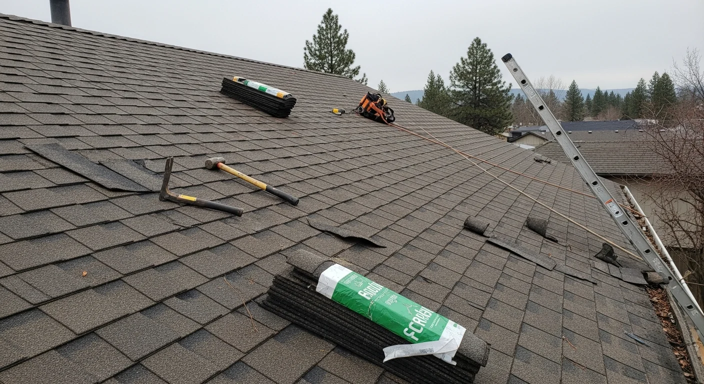 A Spokane County residential roof with repaired shingles and resealed flashing around a chimney, showing completed patch work on a pitched asphalt shingle roof. Snow-dusted surroundings visible in the background reflect the area's winter climate conditions.