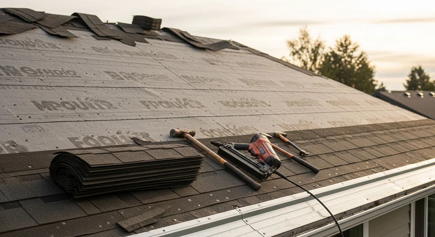A Spokane County residential home with a completed roof replacement showing new shingles, clean ridge line, and finished flashing at the eaves. The surrounding landscape reflects the inland Pacific Northwest setting with a clear view of the full roofline.