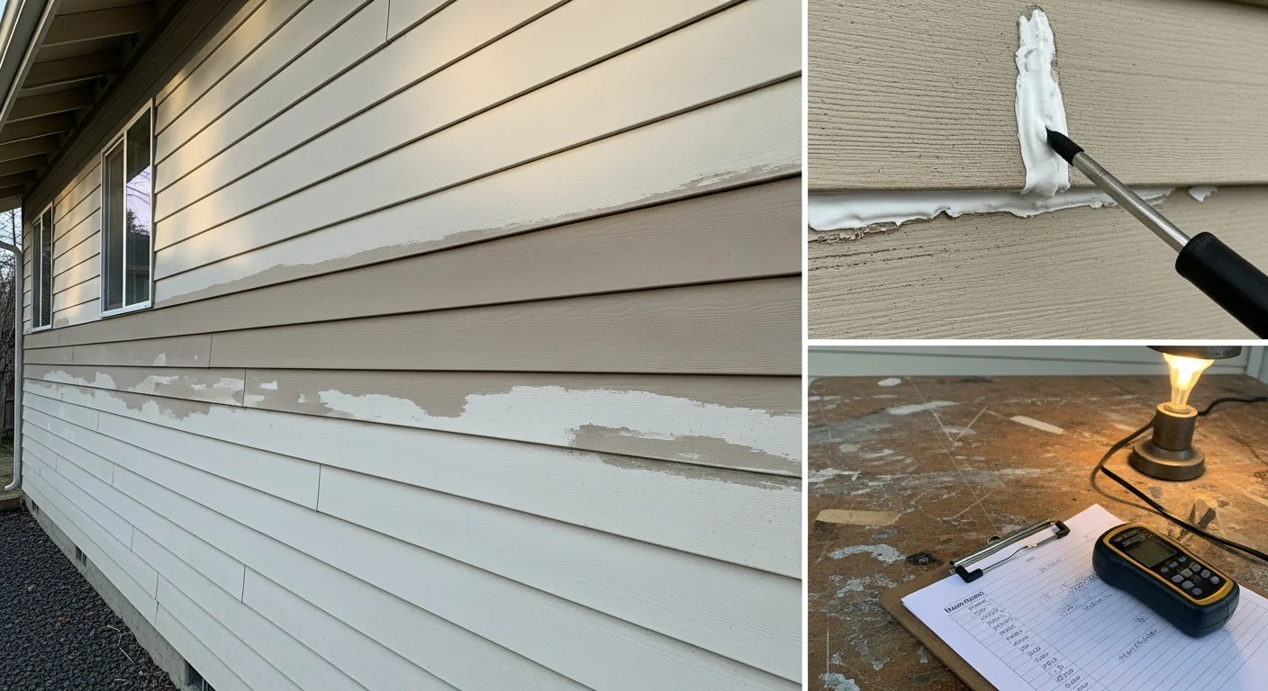 A siding contractor from Edward Thomas Construction inspecting the exterior panels and trim of a residential home in Spokane County, Washington. Close-up view showing a professional examining seams and caulking along a window frame for signs of moisture damage or freeze-thaw cracking.