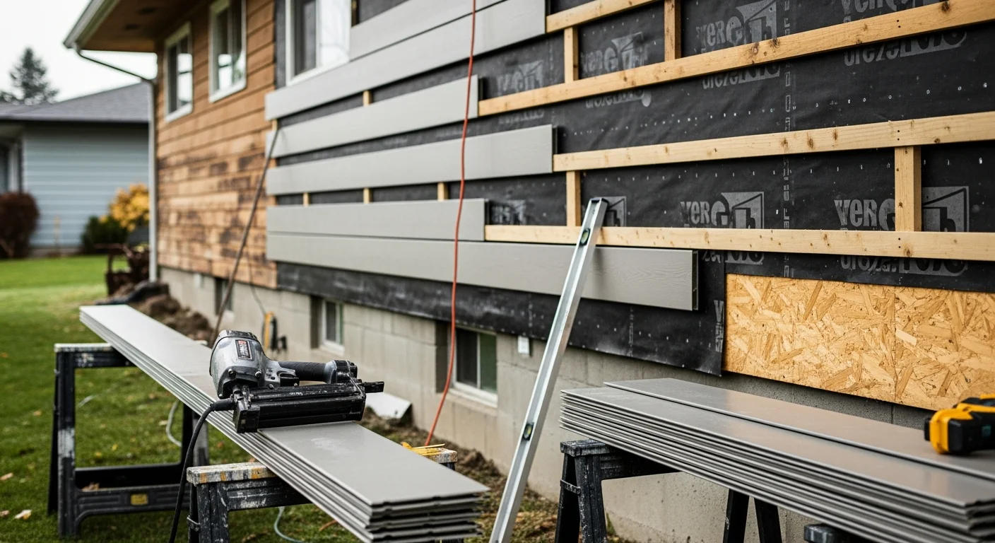 A Spokane County home with newly installed exterior siding, showing clean panel lines, finished trim around windows, and a moisture barrier visible at the exposed wall edge during installation.
