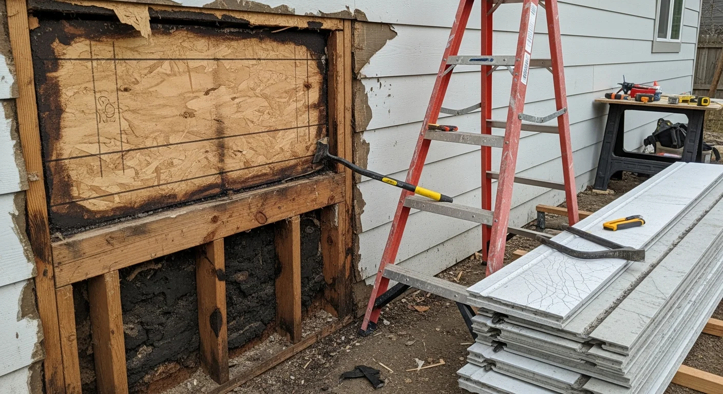 A Spokane County home exterior showing a repaired siding section with clean panel alignment and sealed trim joints. The surrounding siding shows weathering typical of Eastern Washington freeze-thaw exposure.