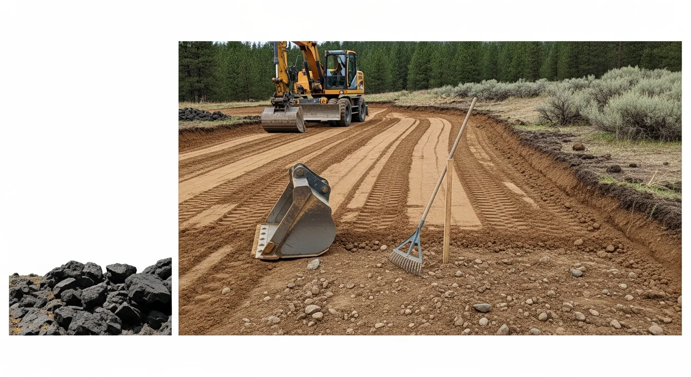 A graded and cleared residential lot in Spokane County with leveled soil ready for foundation work. Heavy equipment tracks are visible across the compacted ground, with surrounding trees marking the cleared site boundary.